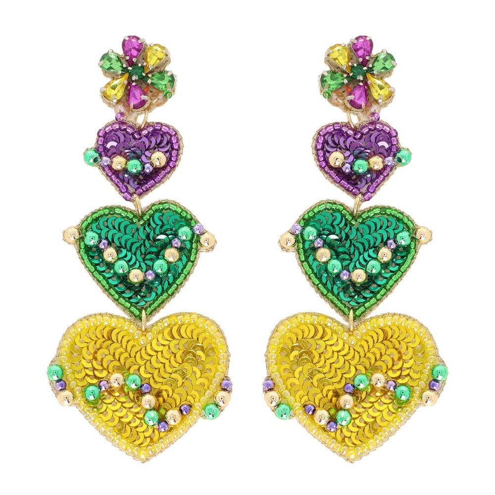 Mardi Gras Gemstone Beaded Heart Drop Earrings E13982PUMT