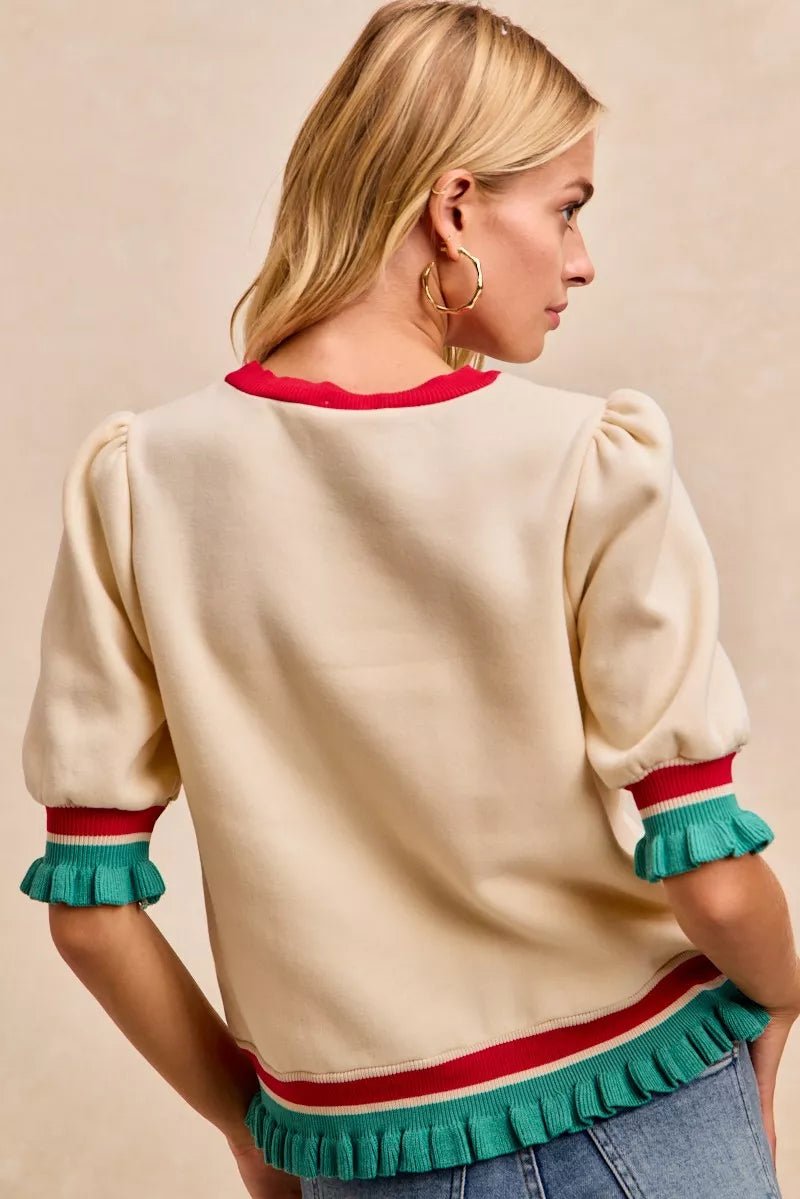 BiBi Christmas Merry Letter Patches Contrast Banded Top - Grit & Grace Designs