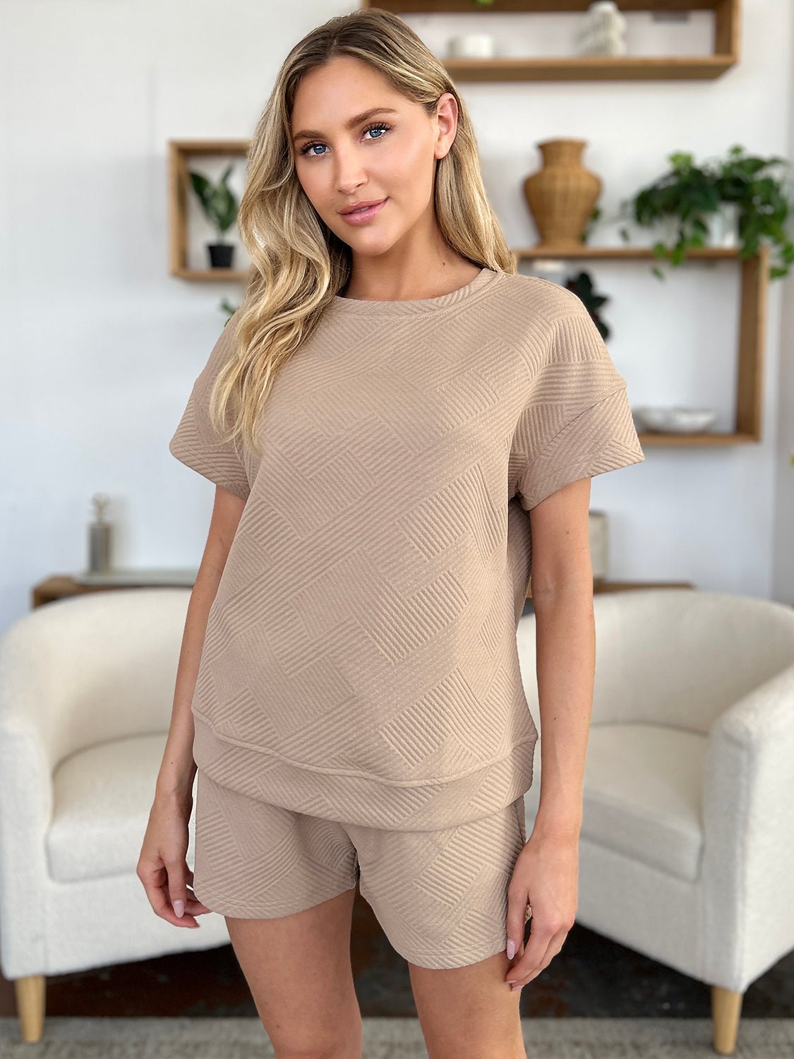 Double Take Full Size Texture Short Sleeve T - Shirt and Drawstring Shorts Set - Grit & Grace Designs