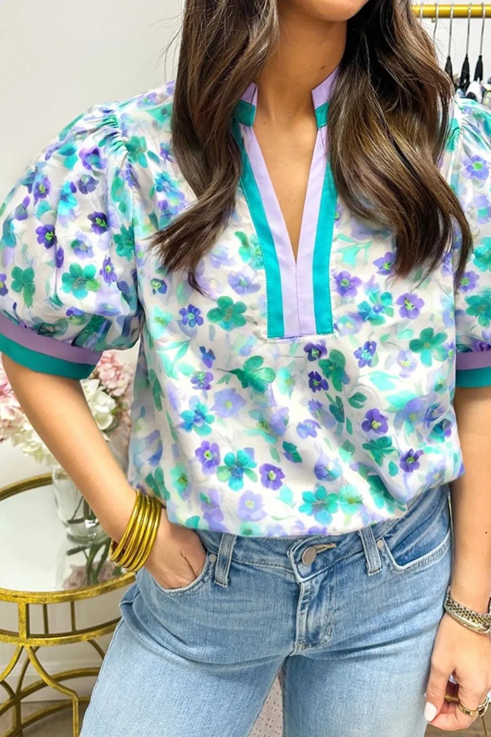 Floral Print Puff Sleeve Notched Blouse - Grit & Grace Designs