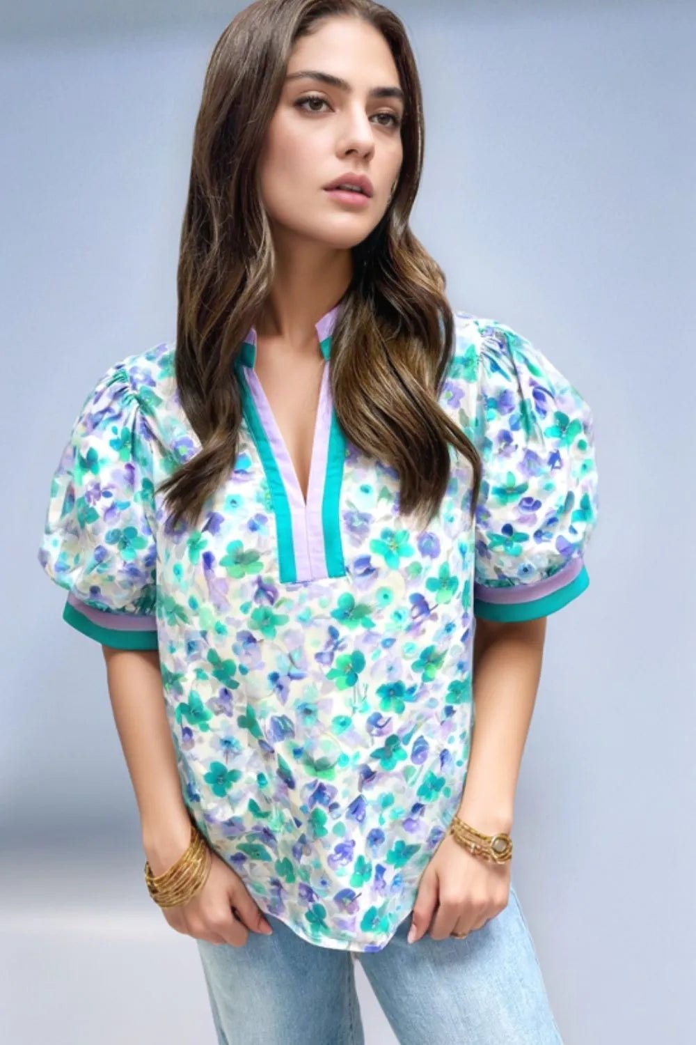Floral Print Puff Sleeve Notched Blouse - Grit & Grace Designs