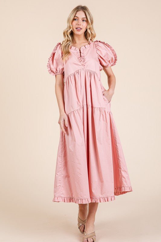 GeeGee Ruffle Trim Puff Sleeve Tiered Babydoll Midi Dress - Grit & Grace Designs