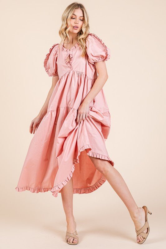 GeeGee Ruffle Trim Puff Sleeve Tiered Babydoll Midi Dress - Grit & Grace Designs