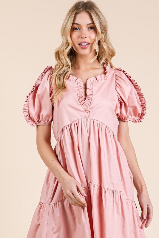GeeGee Ruffle Trim Puff Sleeve Tiered Babydoll Midi Dress - Grit & Grace Designs
