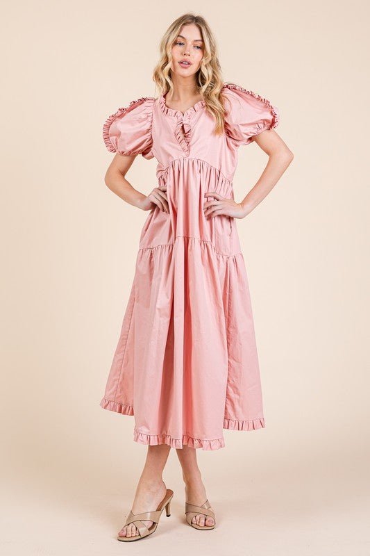 GeeGee Ruffle Trim Puff Sleeve Tiered Babydoll Midi Dress - Grit & Grace Designs