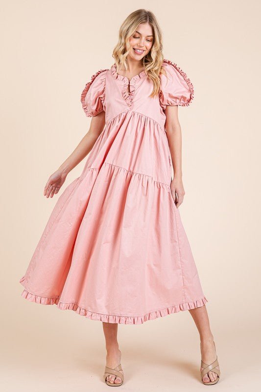 GeeGee Ruffle Trim Puff Sleeve Tiered Babydoll Midi Dress - Grit & Grace Designs