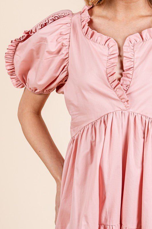 GeeGee Ruffle Trim Puff Sleeve Tiered Babydoll Midi Dress - Grit & Grace Designs