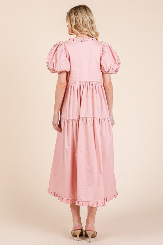 GeeGee Ruffle Trim Puff Sleeve Tiered Babydoll Midi Dress - Grit & Grace Designs