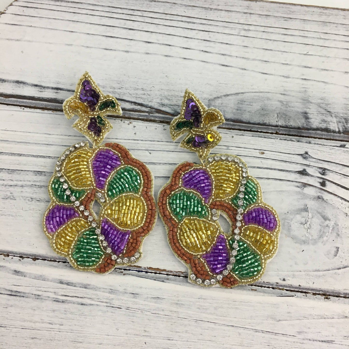 MG bead/rhinestone king cake earrings - Grit & Grace Designs