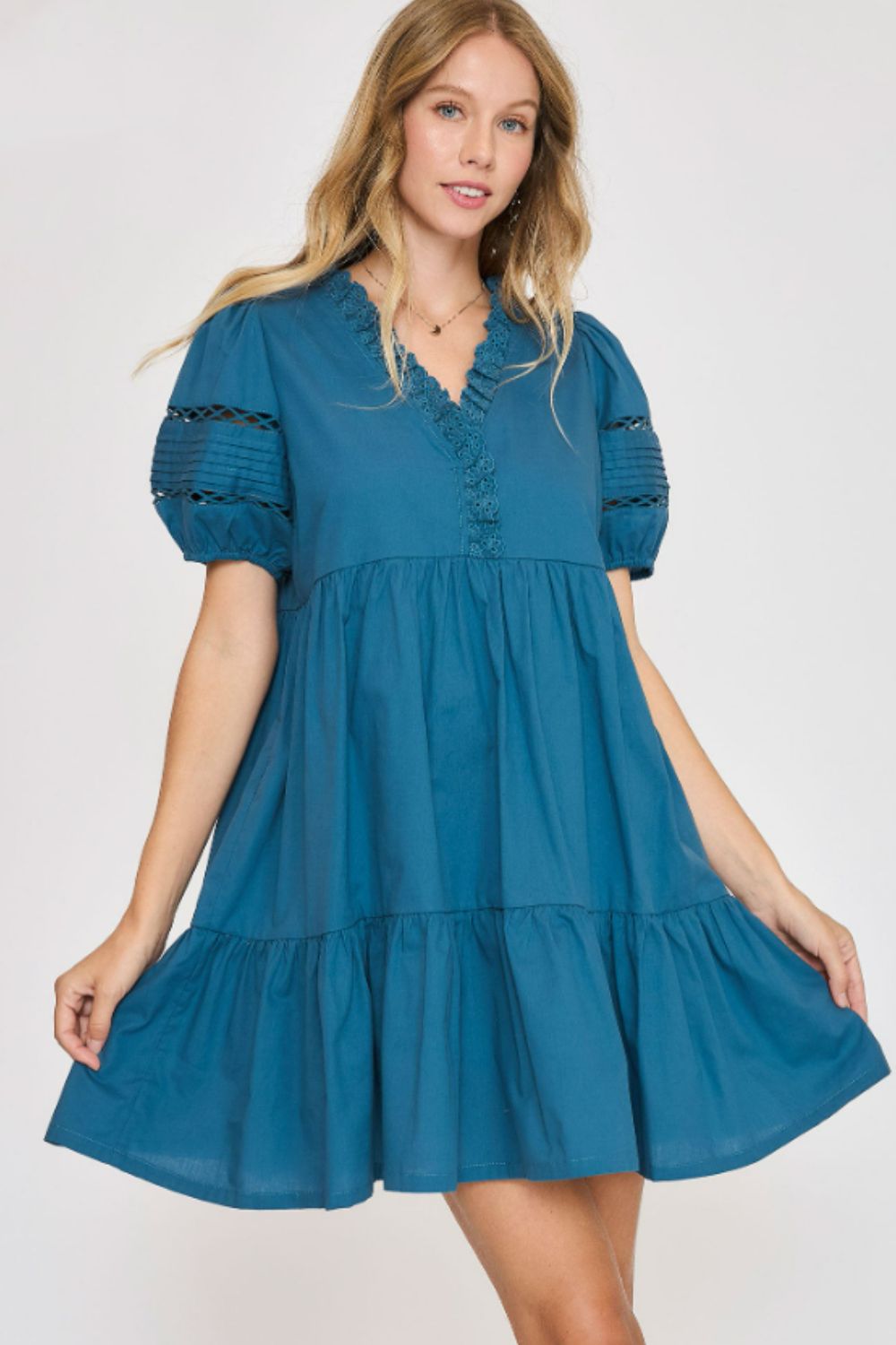Umgee USA Full Size Lace Detail Puff Sleeve Mini Dress Plus Size - Grit & Grace Designs