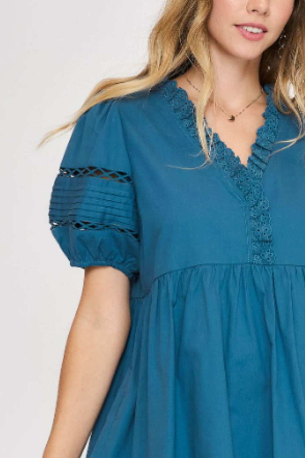 Umgee USA Full Size Lace Detail Puff Sleeve Mini Dress Plus Size - Grit & Grace Designs