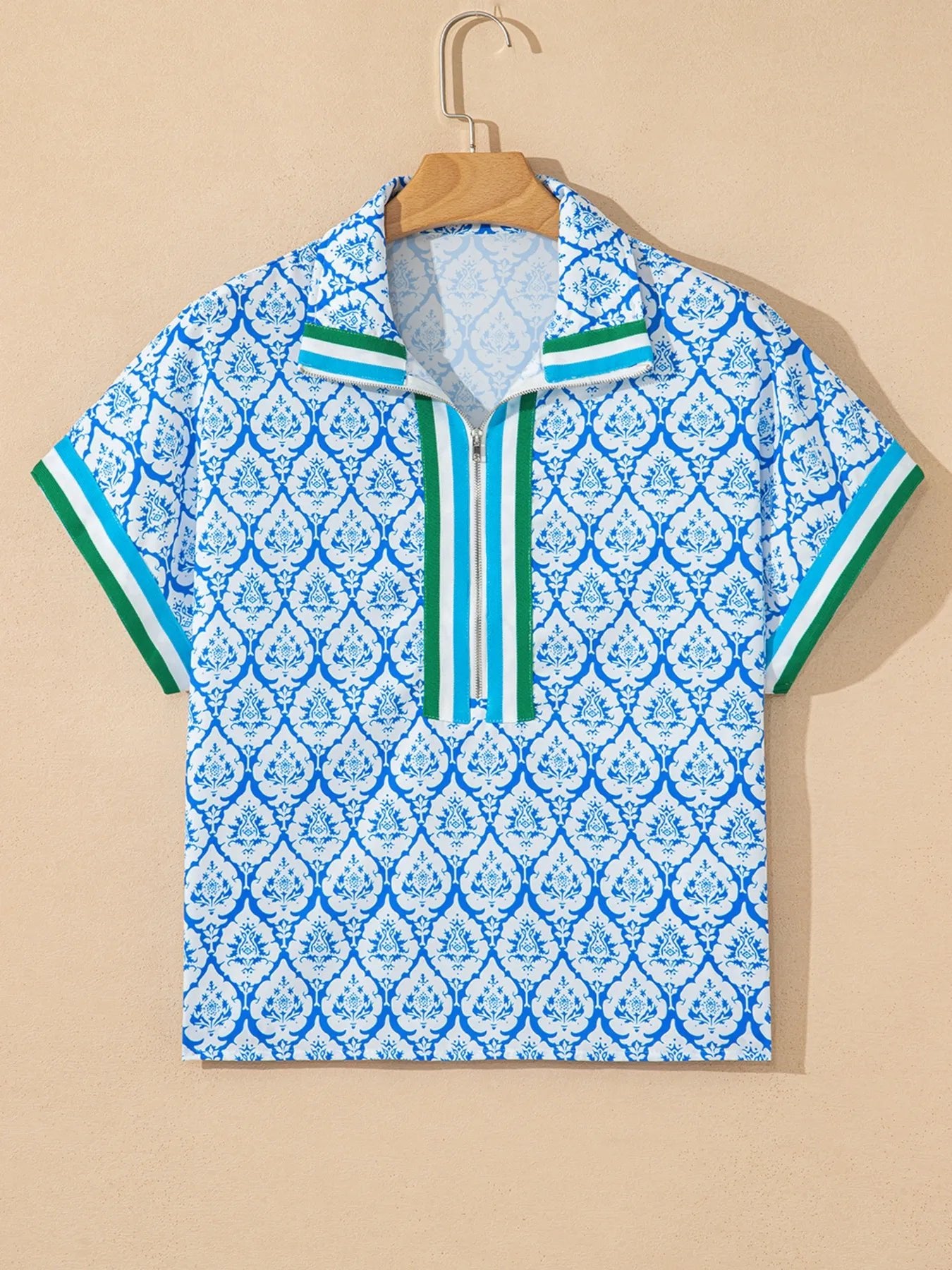 Western Print Zipped Collar Short Sleeve Summer Blouse Top - Grit & Grace Designs