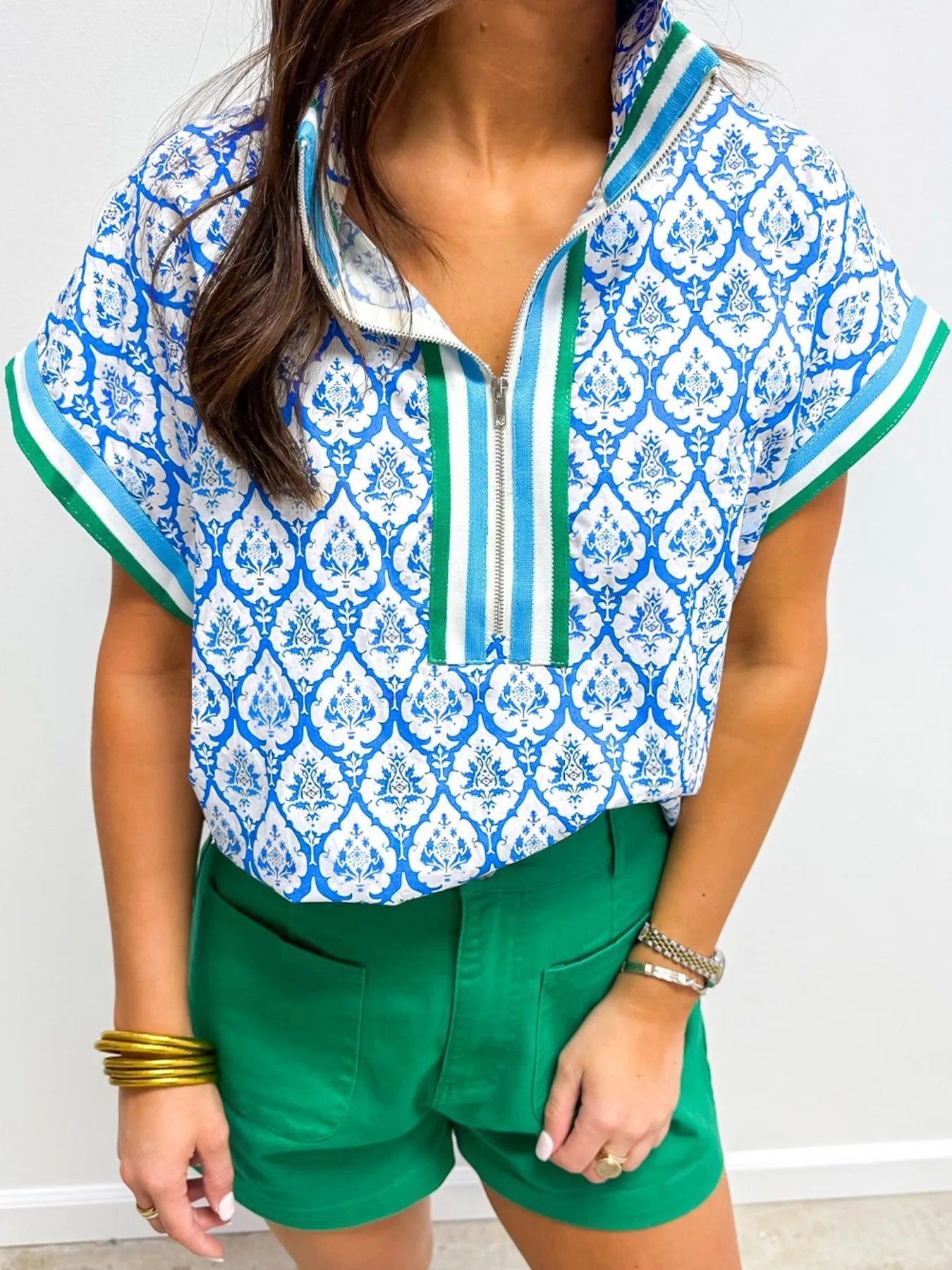 Western Print Zipped Collar Short Sleeve Summer Blouse Top - Grit & Grace Designs