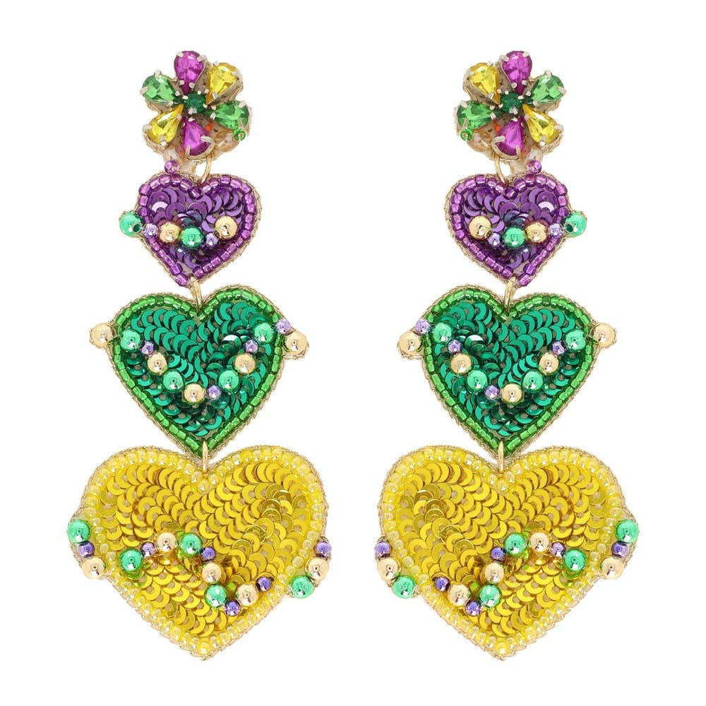 Mardi Gras Gemstone Beaded Heart Drop Earrings E13982PUMT