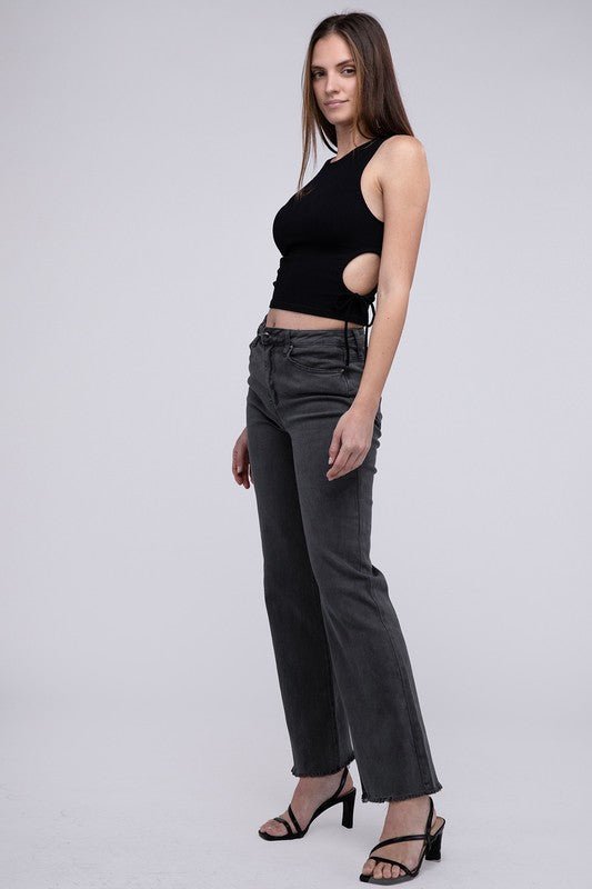 Acid Washed Frayed Cutoff Hem Straight Wide Pants - Grit & Grace Designs