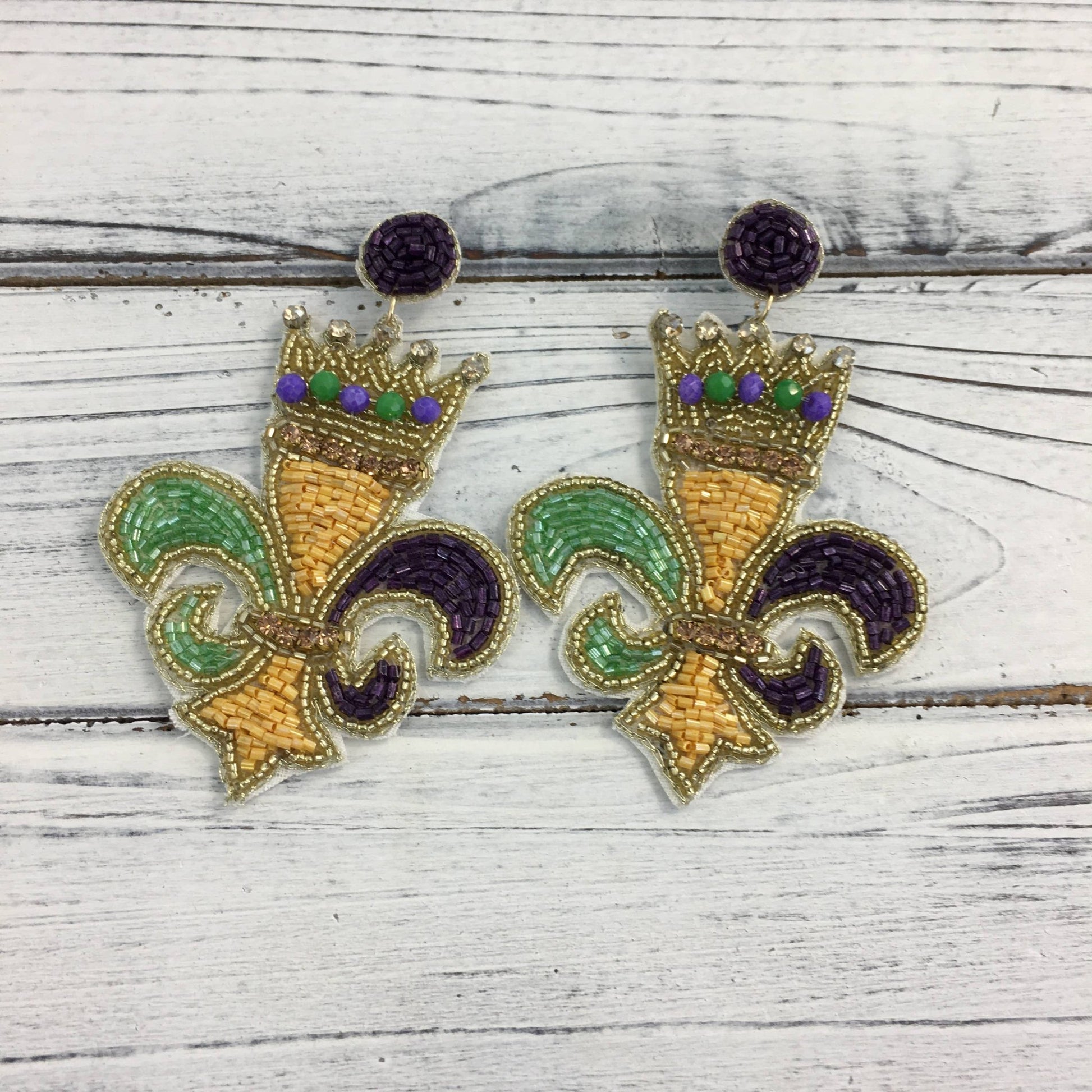 Beaded Mardi Gras FDL/Crown earrings - Grit & Grace Designs