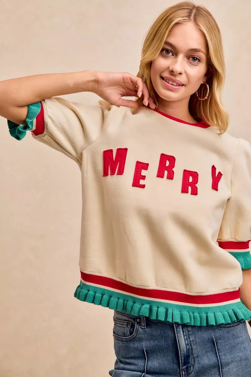 BiBi Christmas Merry Letter Patches Contrast Banded Top - Grit & Grace Designs