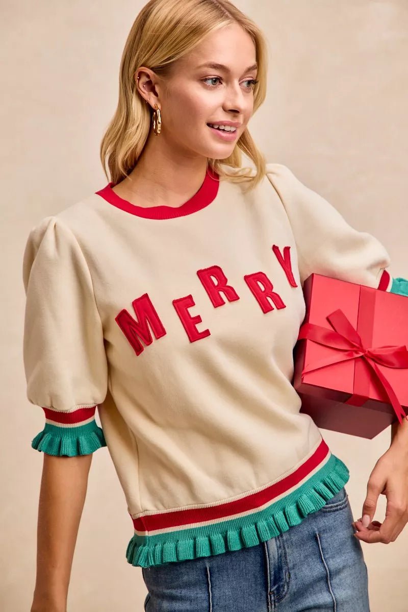 BiBi Christmas Merry Letter Patches Contrast Banded Top - Grit & Grace Designs