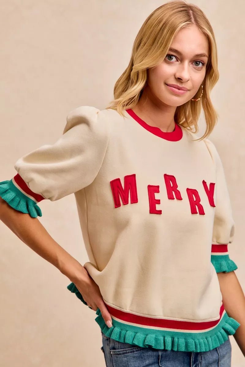 BiBi Christmas Merry Letter Patches Contrast Banded Top - Grit & Grace Designs