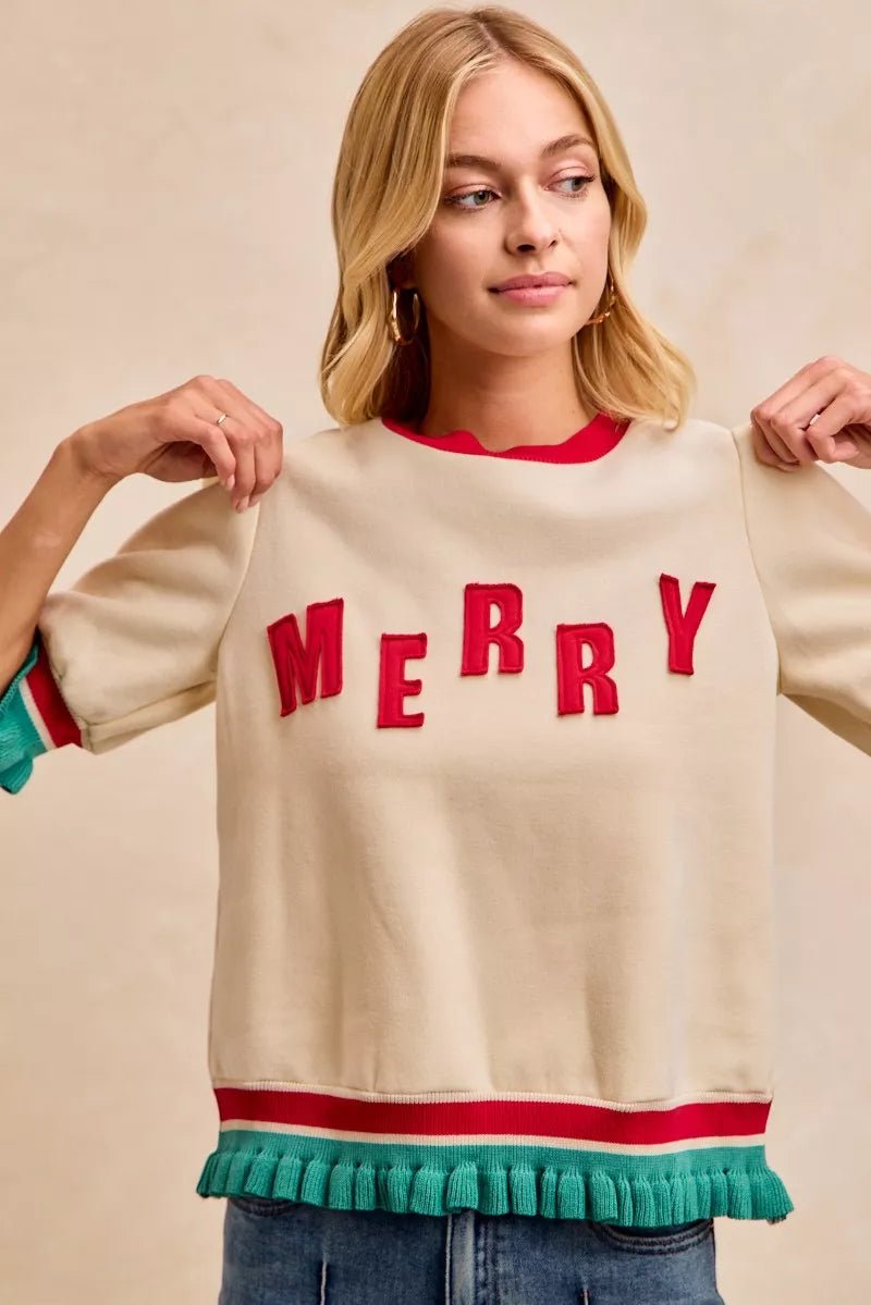 BiBi Christmas Merry Letter Patches Contrast Banded Top - Grit & Grace Designs