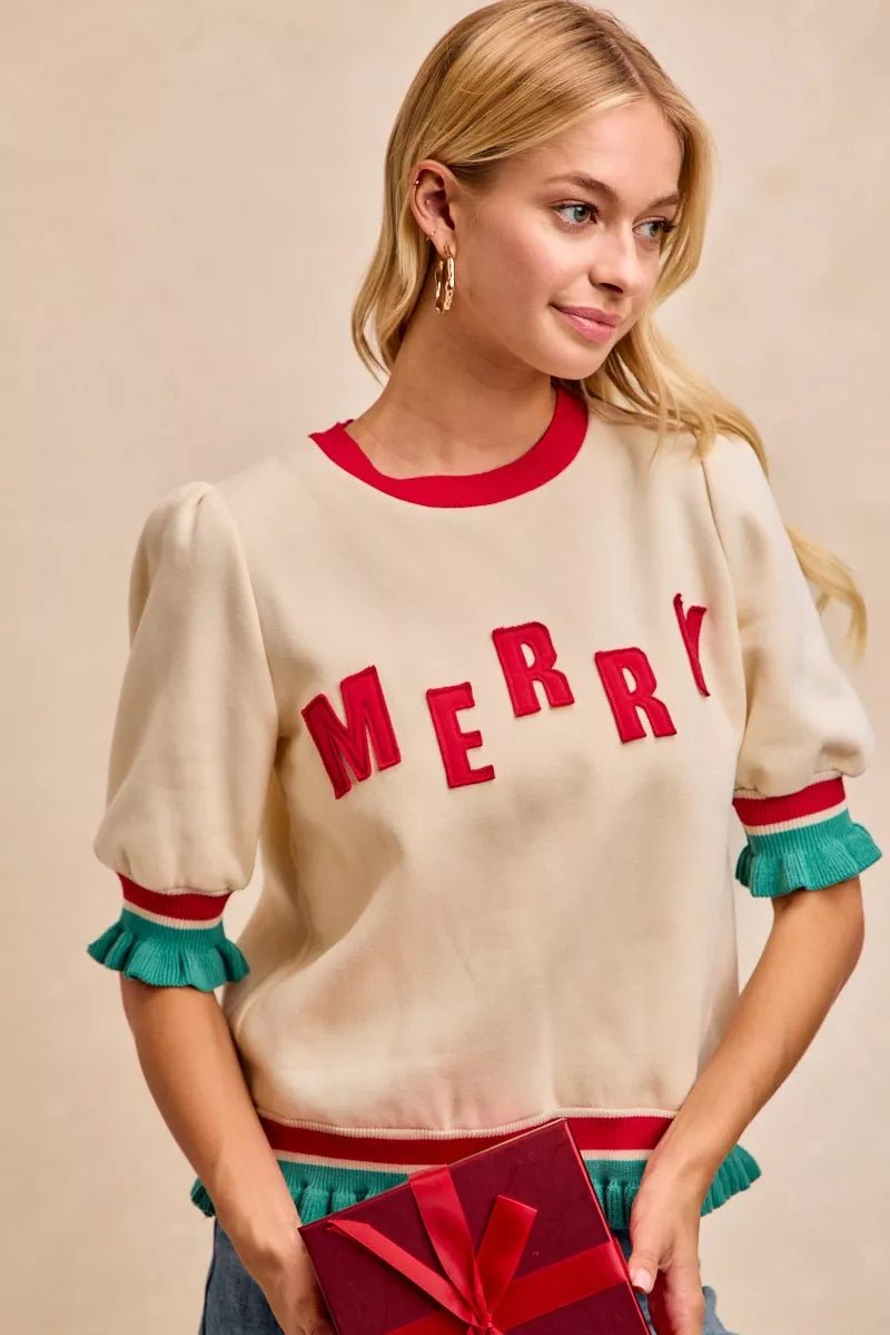 BiBi Christmas Merry Letter Patches Contrast Banded Top - Grit & Grace Designs
