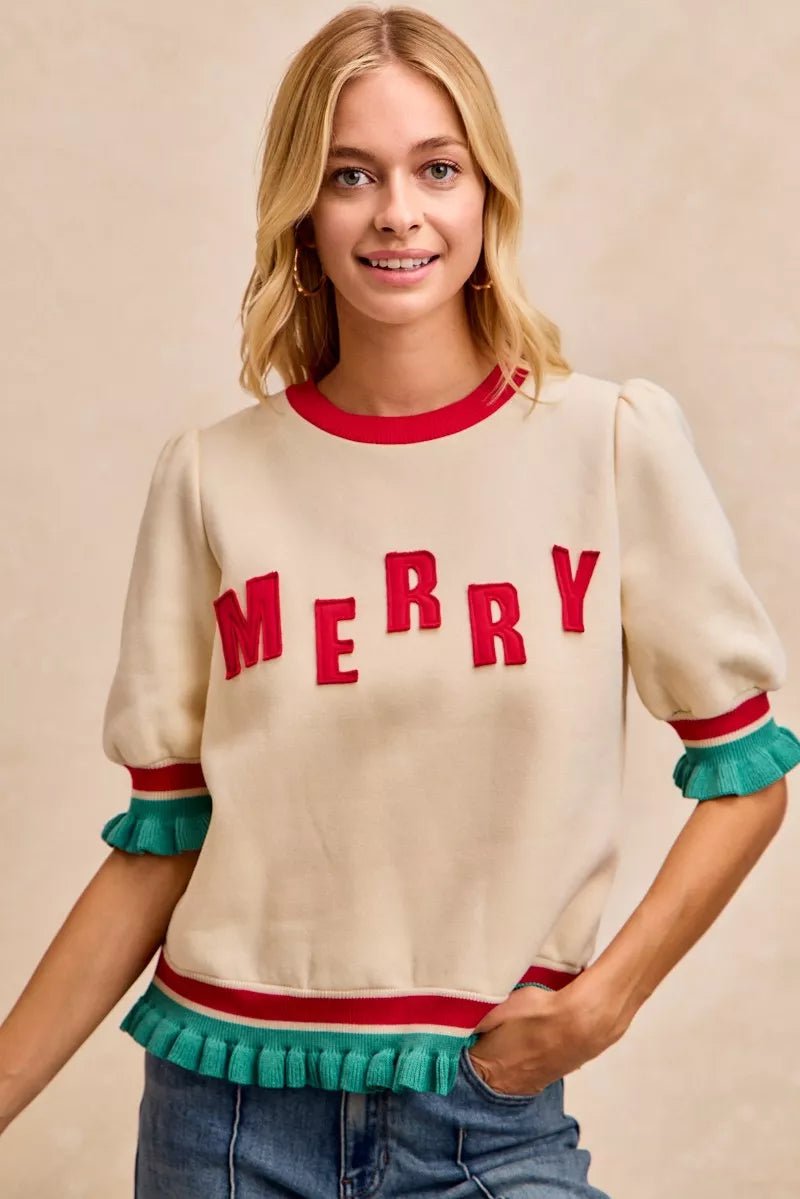 BiBi Christmas Merry Letter Patches Contrast Banded Top - Grit & Grace Designs