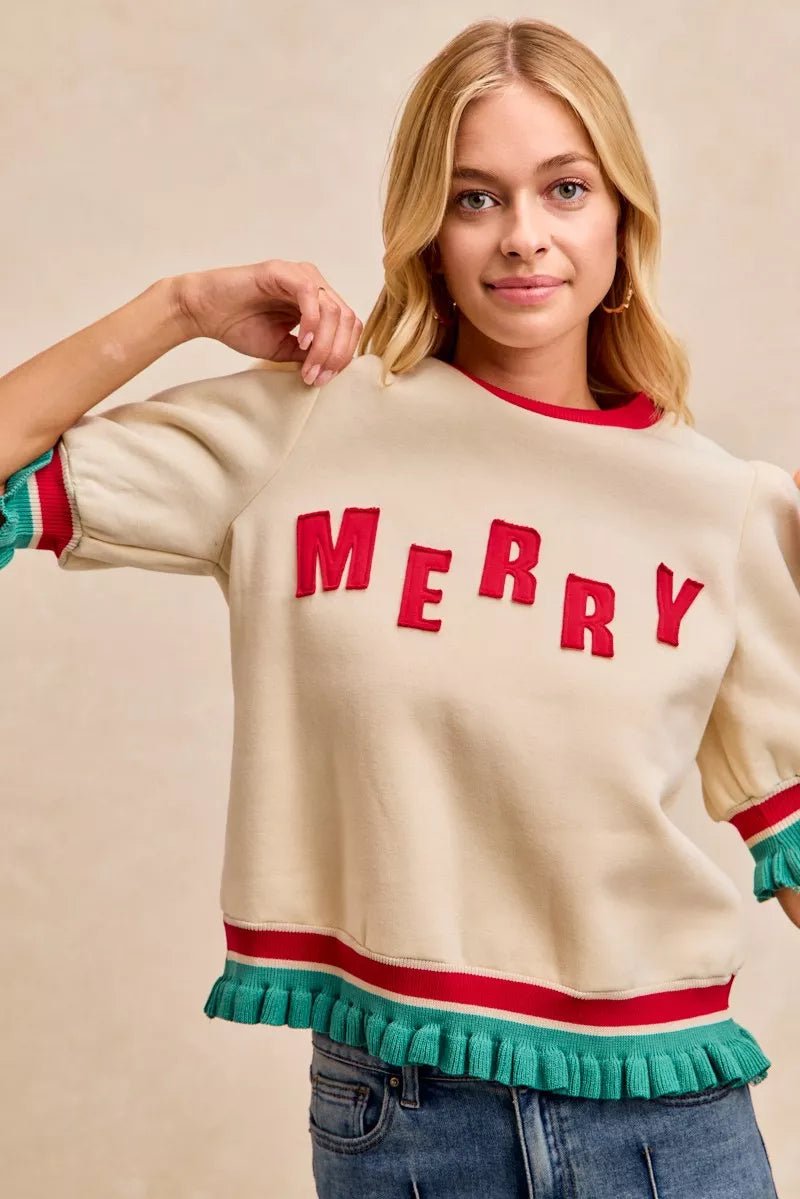 BiBi Christmas Merry Letter Patches Contrast Banded Top - Grit & Grace Designs