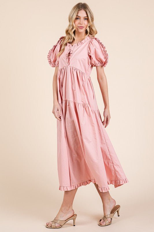 GeeGee Ruffle Trim Puff Sleeve Tiered Babydoll Midi Dress - Grit & Grace Designs