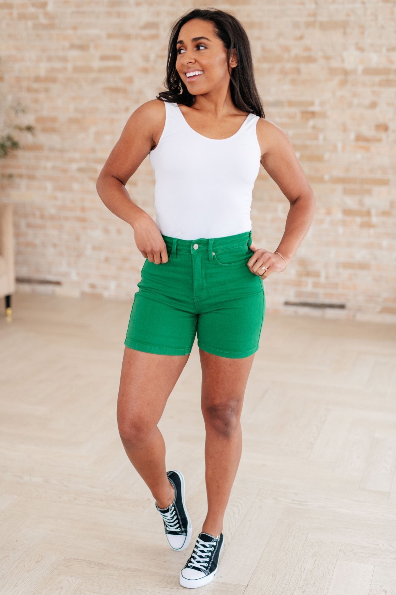 Jenna High Rise Control Top Cuffed Shorts in Green - Grit & Grace Designs