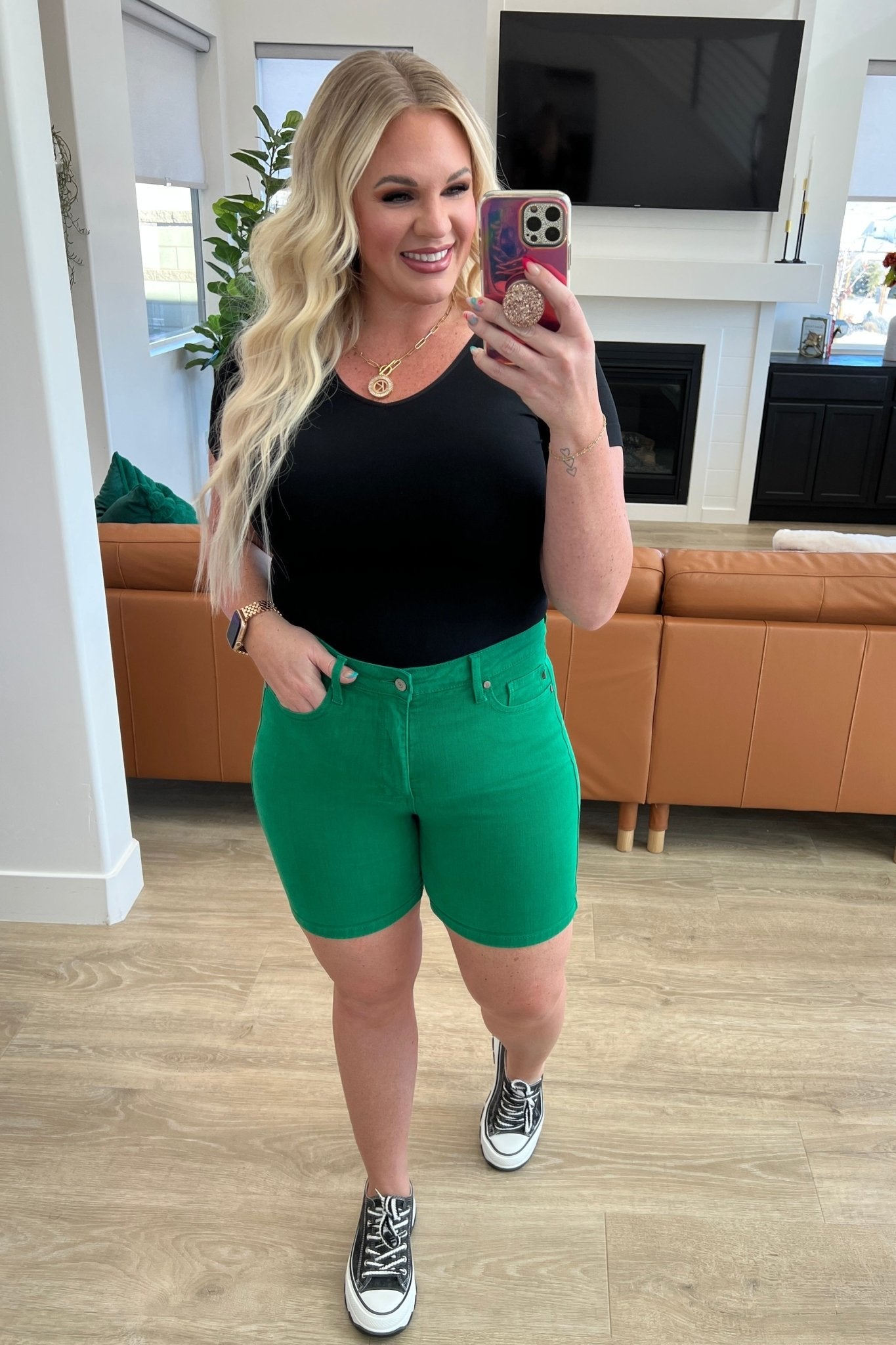 Jenna High Rise Control Top Cuffed Shorts in Green - Grit & Grace Designs