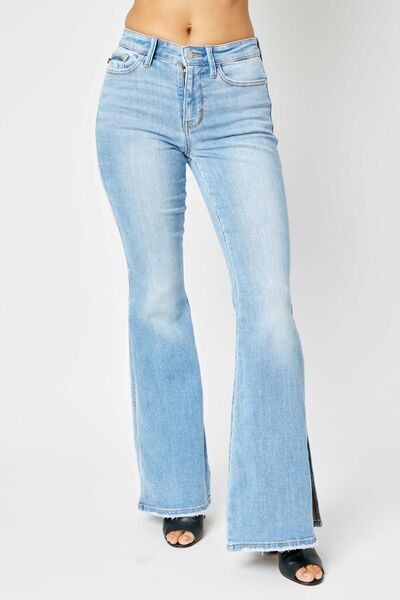 Judy Blue Full Size Mid Rise Raw Hem Slit Flare Jeans - Grit & Grace Designs