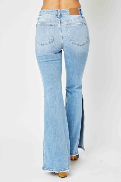 Judy Blue Full Size Mid Rise Raw Hem Slit Flare Jeans - Grit & Grace Designs