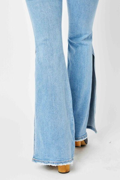 Judy Blue Full Size Mid Rise Raw Hem Slit Flare Jeans - Grit & Grace Designs