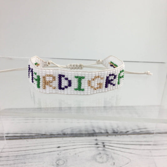 Mardi Gras beaded word pull tie bracelet - Grit & Grace Designs