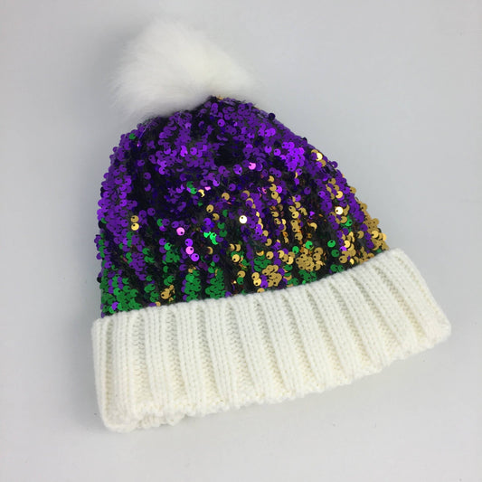 Mardi Gras sequin beanie hat with pom pom - Grit & Grace Designs