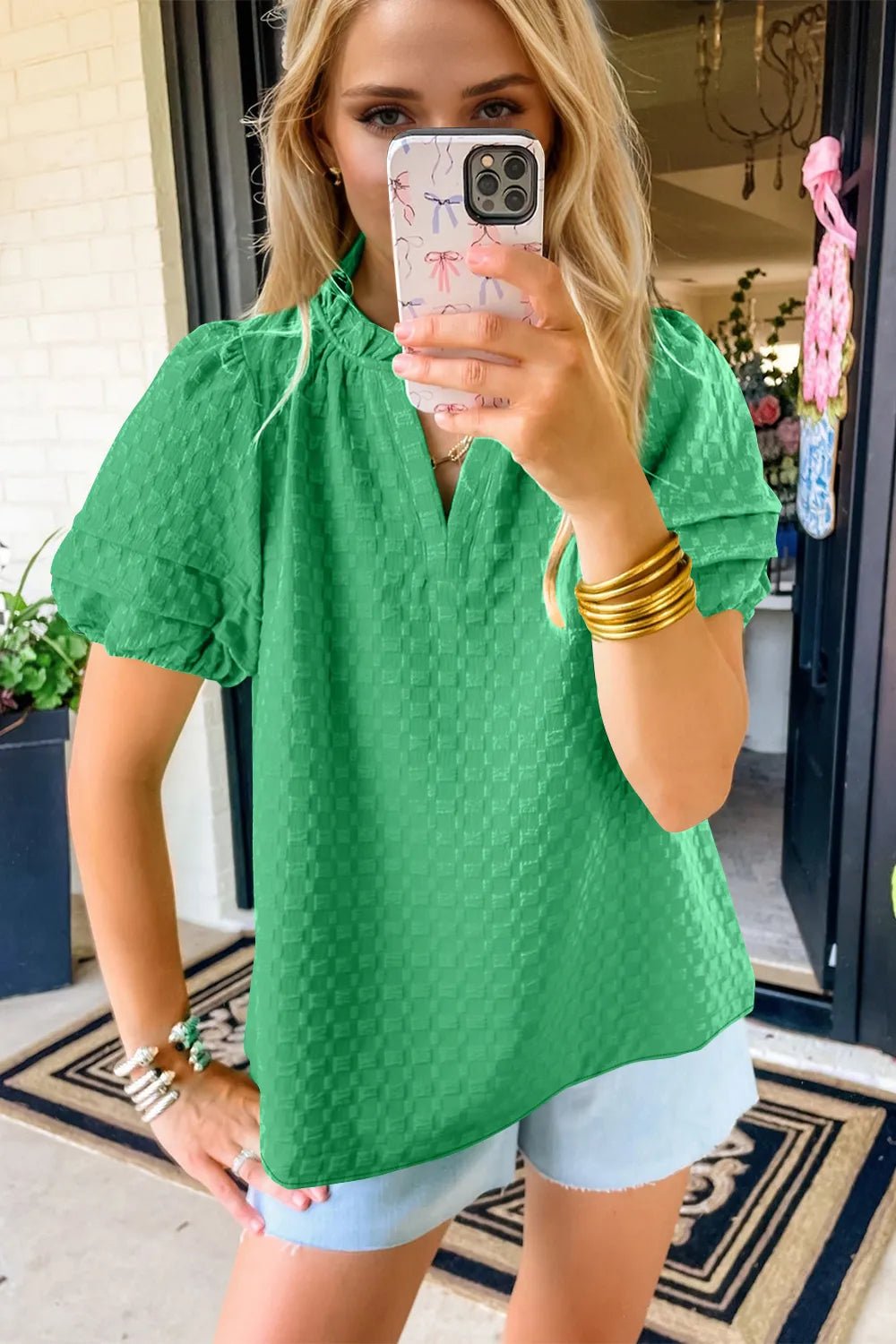 Oh Full Size Frill Notched Puff Sleeve Blouse - Grit & Grace Designs