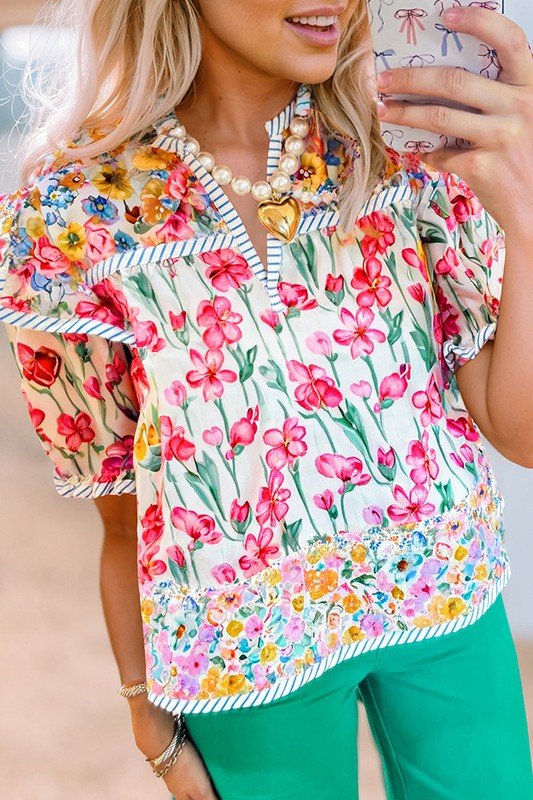 Pink Floral Print Striped Detail Split Neck Short - Grit & Grace Designs