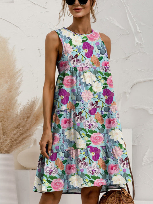 Printed Round Neck Sleeveless Tiered Dress - Grit & Grace Designs