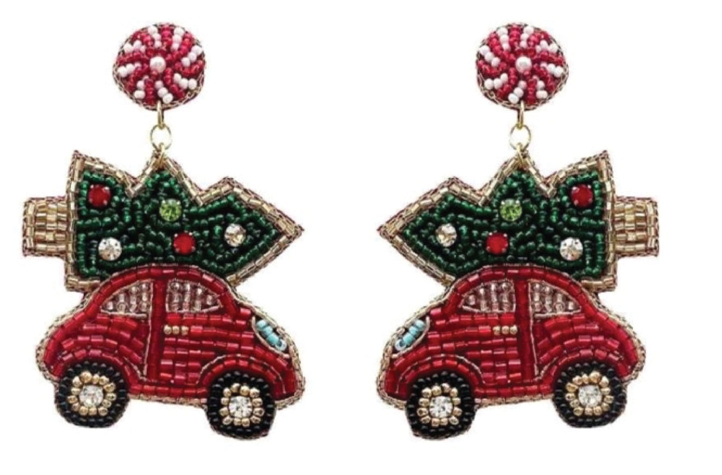 Red Car with Christmas Tree Seed Beaded 3" Earring - Grit & Grace Designs