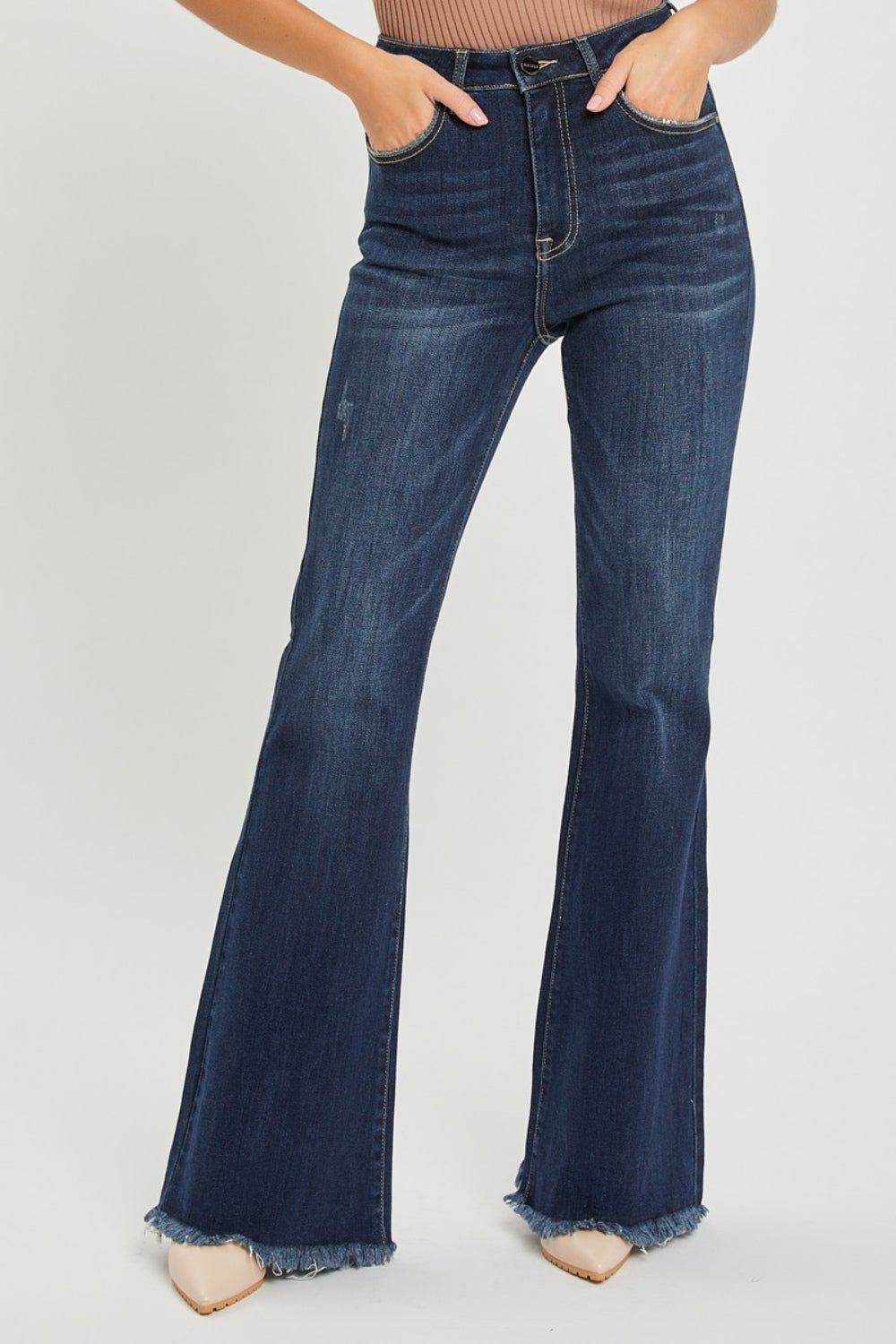 RISEN High Waist Raw Hem Flare Jeans - Grit & Grace Designs