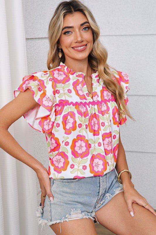 Rose Boho Floral Print Ricrac Ruffle Sleeve Blouse - Grit & Grace Designs