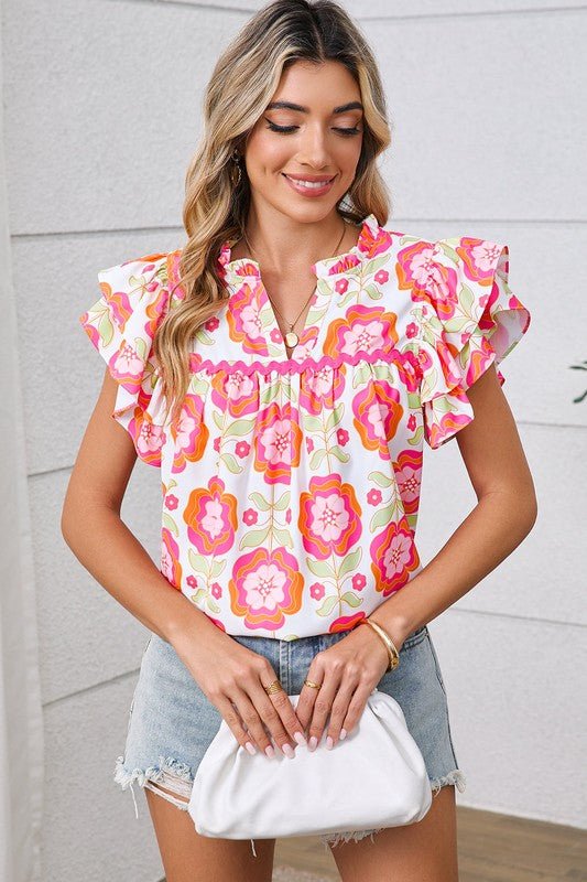 Rose Boho Floral Print Ricrac Ruffle Sleeve Blouse - Grit & Grace Designs
