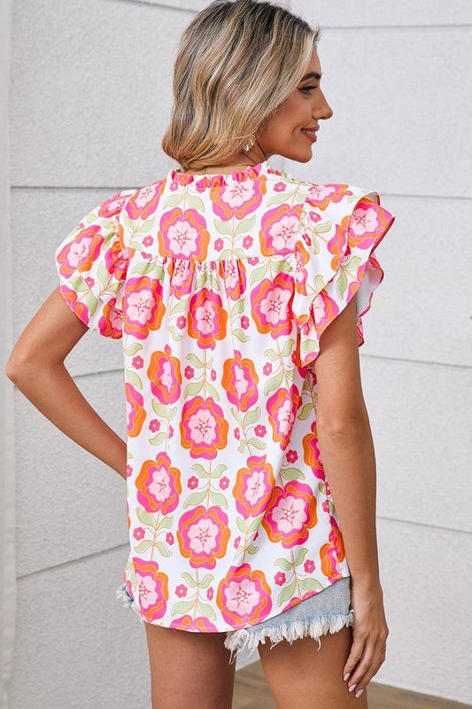 Rose Boho Floral Print Ricrac Ruffle Sleeve Blouse - Grit & Grace Designs
