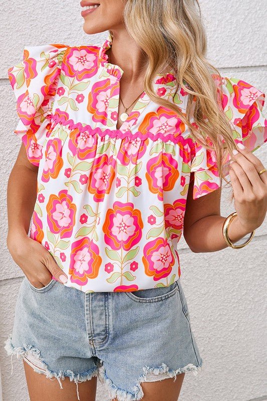 Rose Boho Floral Print Ricrac Ruffle Sleeve Blouse - Grit & Grace Designs