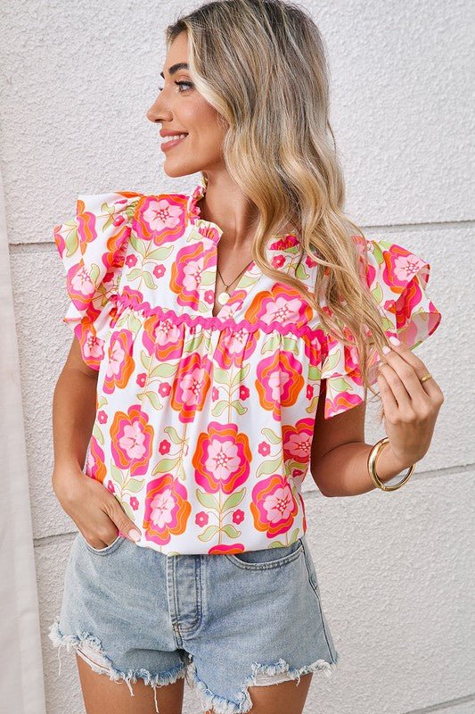 Rose Boho Floral Print Ricrac Ruffle Sleeve Blouse - Grit & Grace Designs