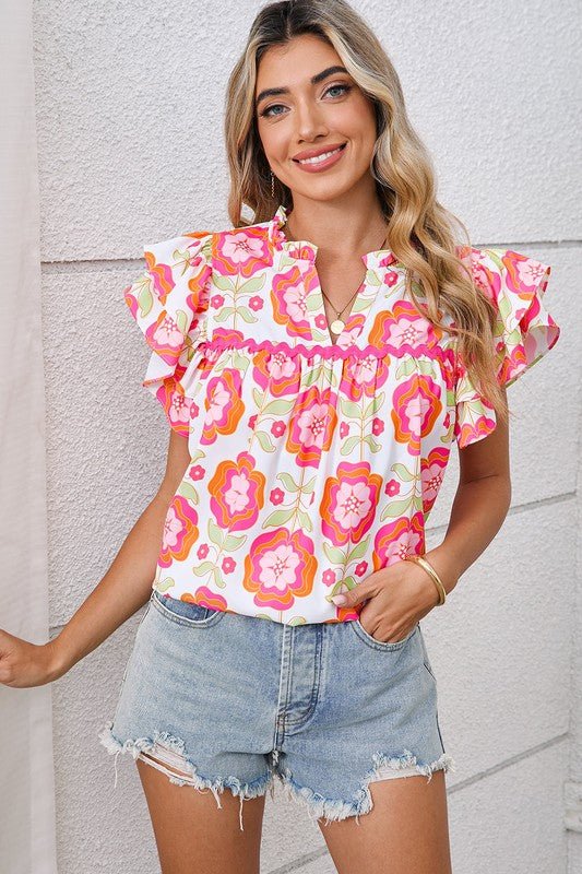 Rose Boho Floral Print Ricrac Ruffle Sleeve Blouse - Grit & Grace Designs
