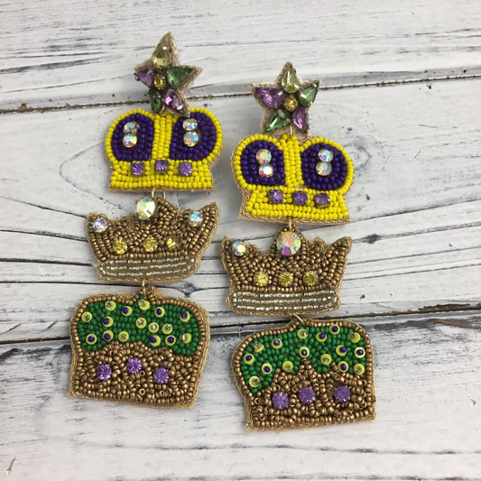 Three stacked Mardi Gras crown earrings - Grit & Grace Designs