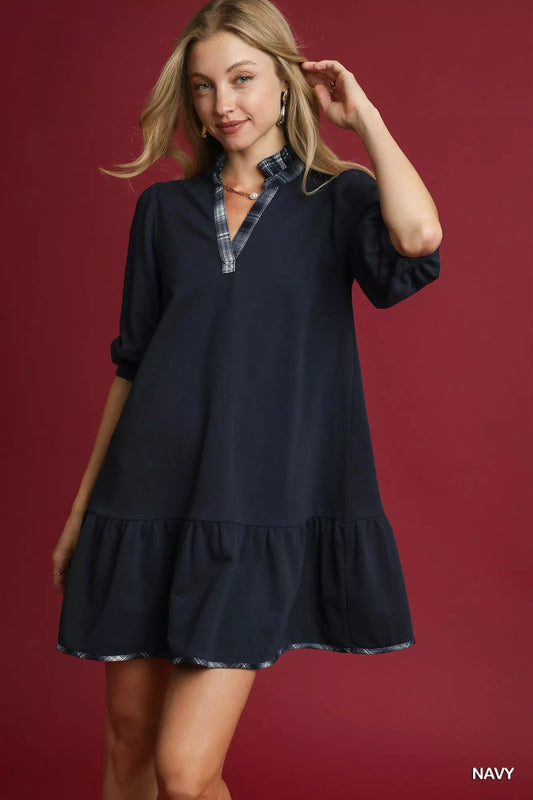 Umgee French Terry Ruffle Hem Dress with Plaid Trim - Grit & Grace Designs