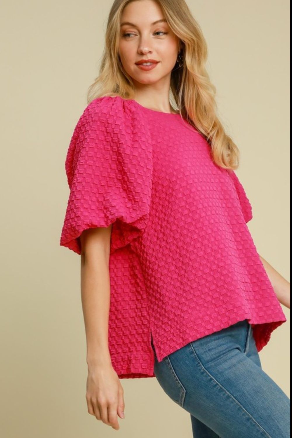 Umgee Full Size Boxy Cut Jacquard Round Neck Top with Side Slit Plus Size - Grit & Grace Designs