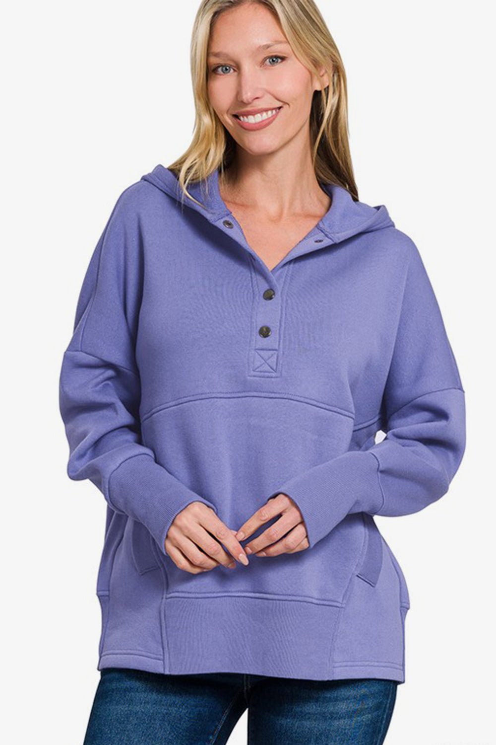 Zenana Half Snap Long Sleeve Hoodie with Kangaroo Pocket - Grit & Grace Designs